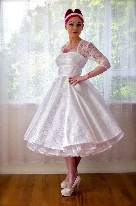 1950 S Rockabilly Lorilyn Wedding Dress With Sleeves Lace Overlay Ribbon Trim Tea Length