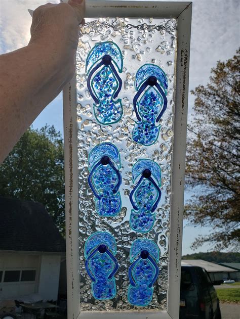 Flip Flops Crushed Glass Window Wall Art Made With Crushed Etsy Sea Glass Crafts Sea Glass