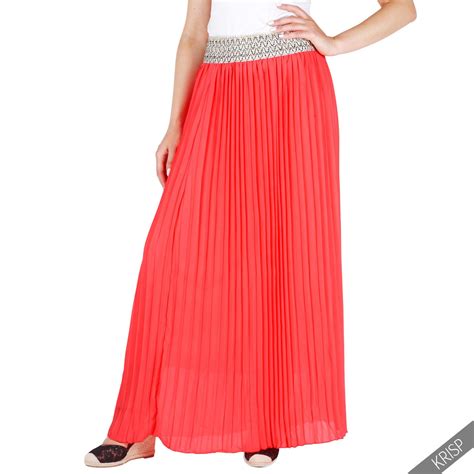 Womens Ladies Plain Pleated Elasticated Waist Vintage Chiffon Long Maxi Skirt Uk