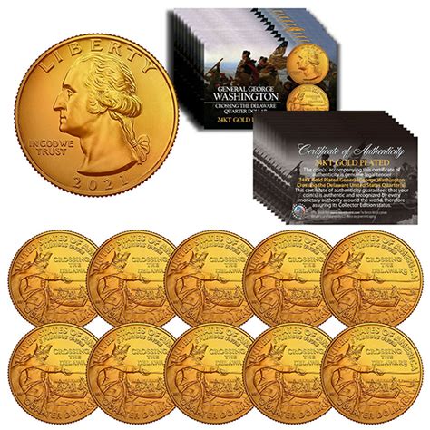 2021 Washington Crossing The Delaware Quarter 24k Gold Plated Lot Of 10