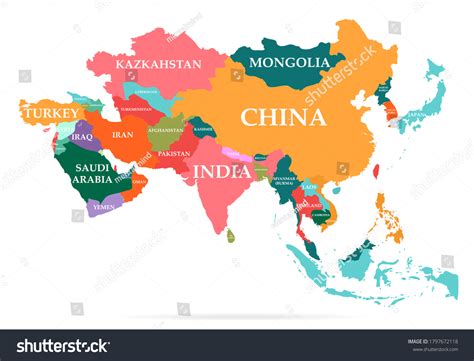 Asia Continent Main Regions Political Map With Subregions Stock