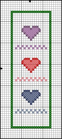 Because this cross stitch bookmarks are quick and easy, you can make them for friends and family, mail them along with cards, or tuck them inside a book you're giving. heart-trio-bookmark in cross stitch | Cross stitch ...