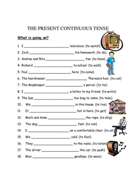 The Present Continuous Tense Worksheet Is Shown In This Image And It Shows