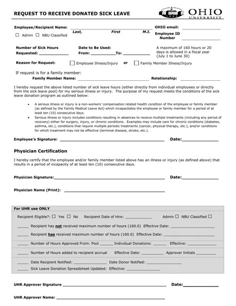 Sample donation request letter for a sick employee. Request to Receive Donated Sick Leave form