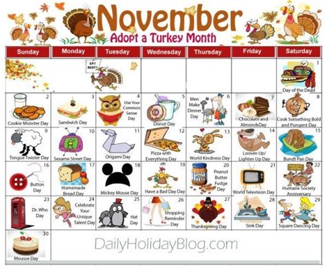 A November Calendar With Cartoon Animals And Other Things To Do In The