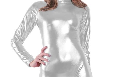 Spandex Costume Kepblom Shiny Metallic Unitard Turtleneck Long Sleeve Footless Zentai Suit