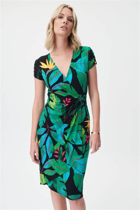 Our Functional And Stylish Joseph Ribkoff Tropical Print Wrap Dress Is