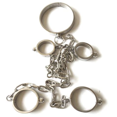 Newest Stainless Steel Shackles Bondage Set Hand Cuffs Ankle Cuffs And Neck Collar Slave Bdsm
