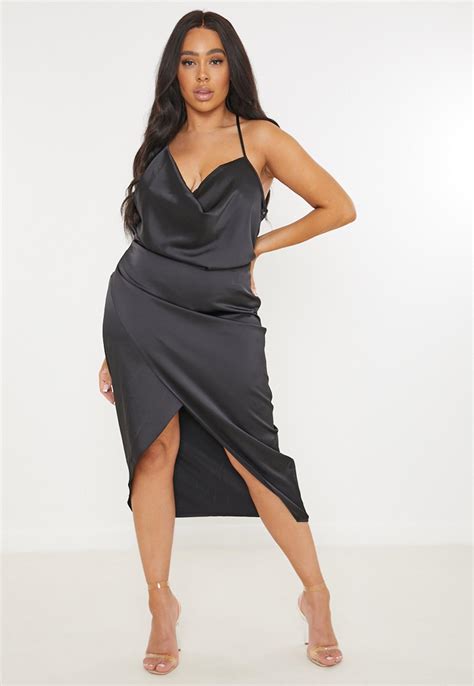 Plus Size Black Drape Satin Midi Dress | Missguided