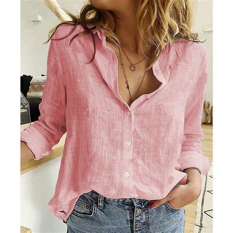 cheap turn down collar long sleeve buttoned cotton linen shirts women solid color loose plus