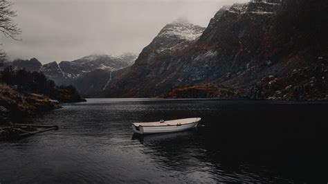 Download Wallpaper 1920x1080 Boat Lake Mountains Fog