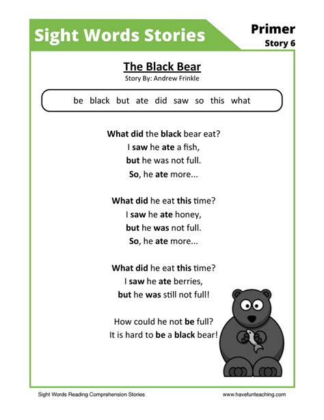 The Black Bear Primer Sight Words Reading Comprehension Worksheet