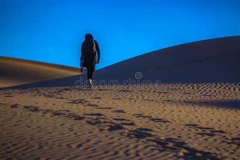 Man Walks With Camera Equipment In Desert Stock Photo Image Of