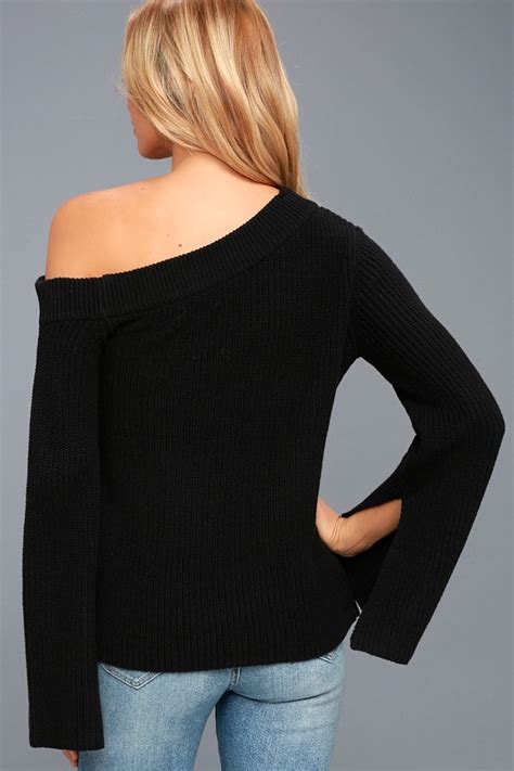 Chic Black One Shoulder Sweater Bell Sleeve Sweater