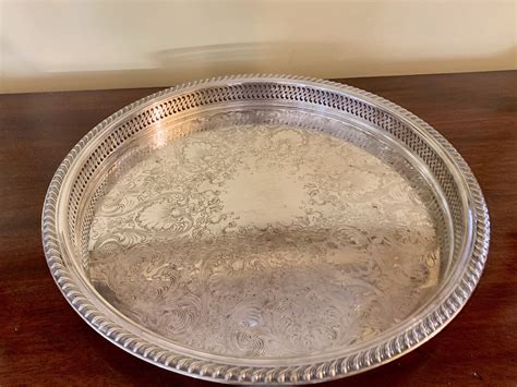 Silver Gallery Tray 15 Inch Round Silver Plate Engraved Tray Pierced