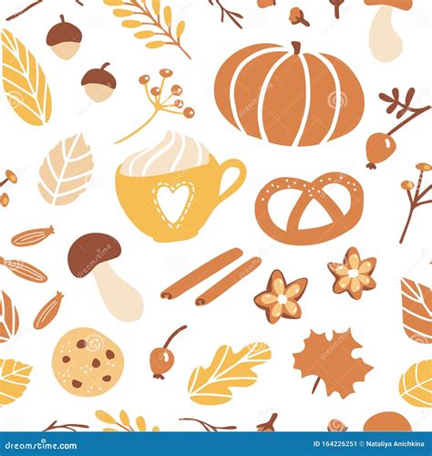 Vector Seamless Pattern Fall Season Cute Hand Drawn Symbol Of Autumn