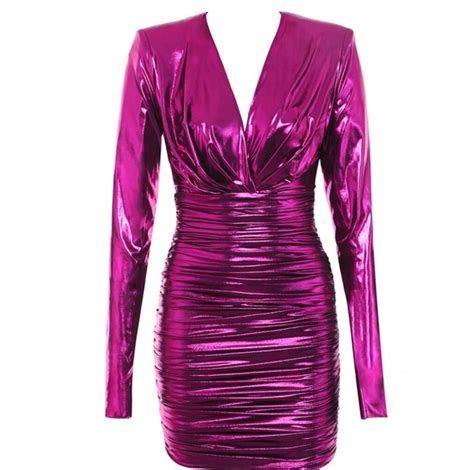 Jacynta Pink Glowing Metallic Long Sleeve V Neck Mini Dress Bodycon