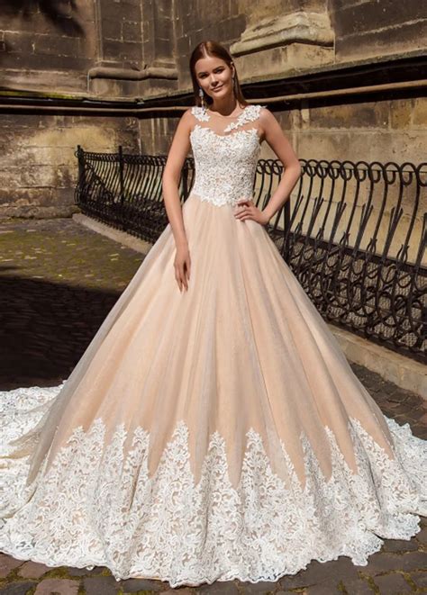 Elegant Champagne Color Wedding Dress 2018 Lace Appliqued See Through