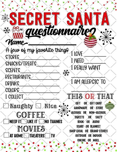 Secret Santa Questionnaire Printable Secret Santa Gift Exchange Secret