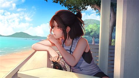 Wallpaper Looking Away Profile View Anime Girl Beach Cannon Summer