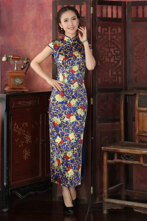 100 silk silkworm silk jewelblue chinese tradition women s flower long cheong sam dress s m l