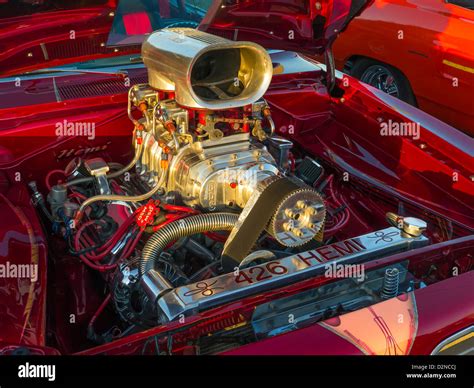 American Muscle Car Chrome Supercharged V8 Engine Stock Photo Alamy