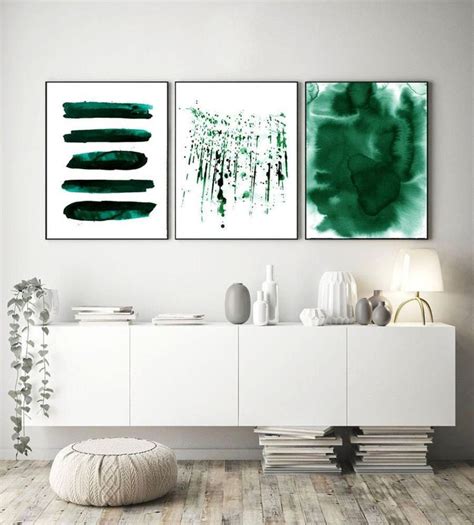 Large Abstract Prints Set Watercolor Paintings Emerald Green Etsy In