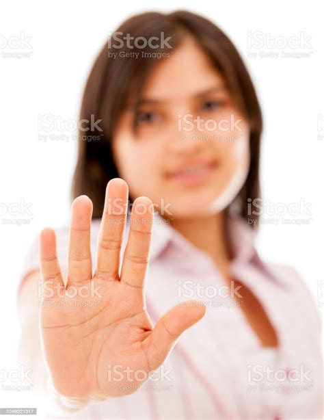 Business Woman Extending Her Palm To Camera Isolated Over White Stock