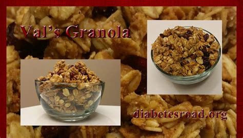 While granola can be purchased at the store, a simple recipe can be made at home that will contain 2 1/2 exchanges of starch and one exchange of fat. Diabetes Road: Val's Granola | Granola, Food
