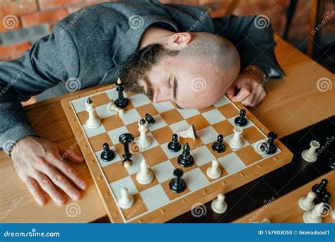 Tired Male Chess Player Sleeping On The Board Stock Photo Image Of
