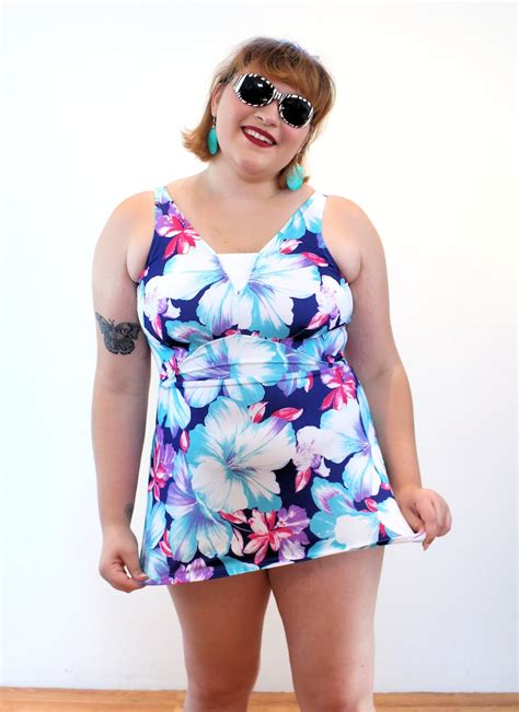 80s Tropical Swimsuit Xxl Vintage Volup Blue White Hibiscus Etsy