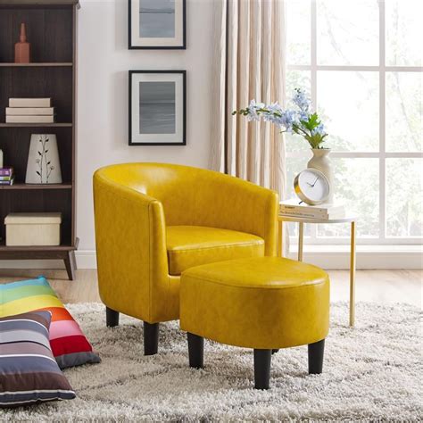 Yl Grand Jazouli Faux Leather Barrel Accent Chair And Ottoman In Yellow