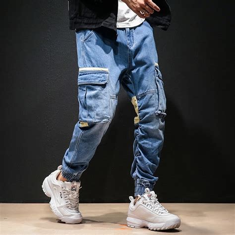 men fashion patchwork casual denim cargo pant streetwear hip hop jeans male trousers in jeans