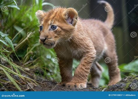 Newborn Lion Cub Exploring The Outdoors For The First Time Stock