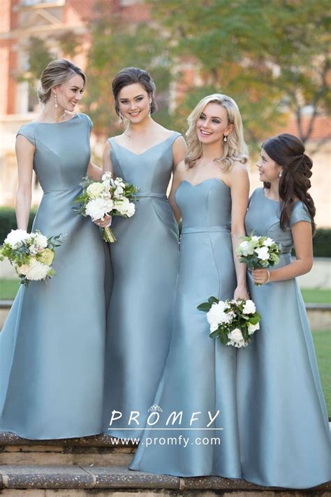 Sleek Dusty Blue Satin Elegant Mismatched Long Bridesmaid Dresses Cap