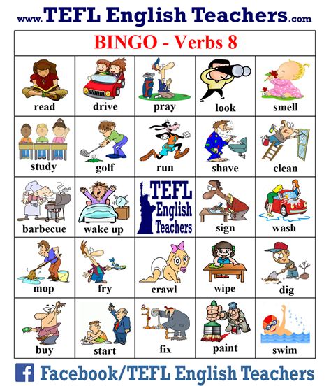Tefl English Teachers Bingo Verbs Game Board Of English Verbs