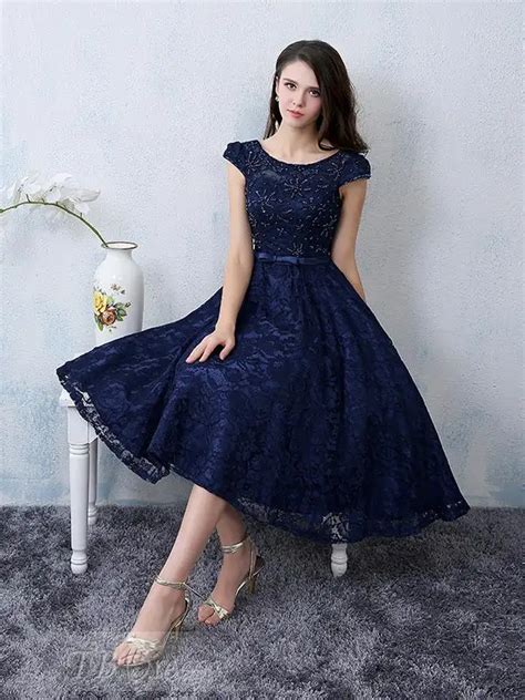 Navy Blue A Line Lace Cocktail Dresses Sequins Beading Short Sleeve Knee Length Elegant Short