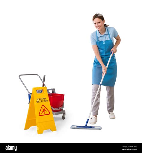 Young Female Janitor Cleaning Floor Using Mop On White Background Stock