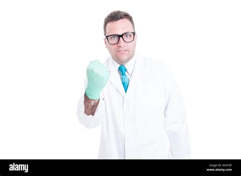 Male Scientist In Fighting Position Acting Mad Isolated On White