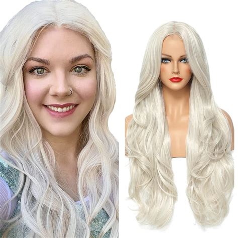 Heumhrn 26 Inch Long Wavy Wig Platinum Blonde Wigs Synthetic Body Wavy Wig Natural