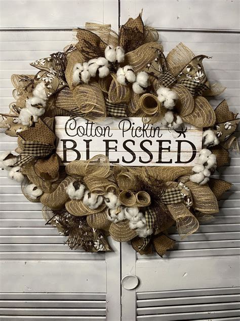 Cotton Blessed Wreath Burlap Wreath Farmhouse Cotton Wreath Etsy