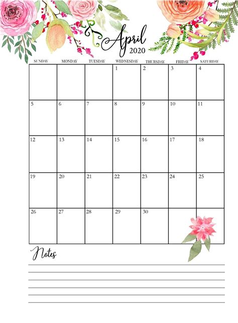 April 2020 Floral Wall Calendar Calendar Printables Cute Calendar