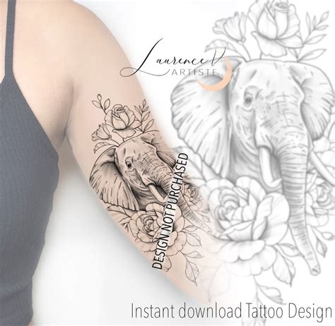 instant download tattoo design elephant and roses tattoo etsy