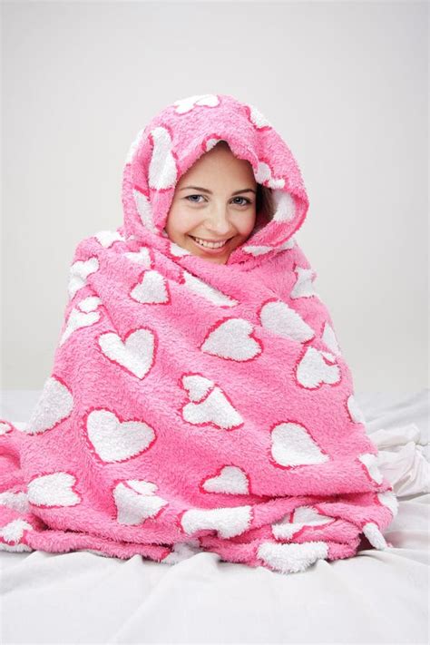 Young Woman Wrapped In Pink Blanket Stock Image Image Of Adult