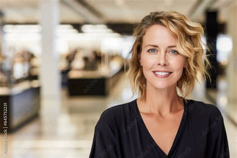 Smiling 45 Year Old Woman In Airport Duty Free Store Stock Photo