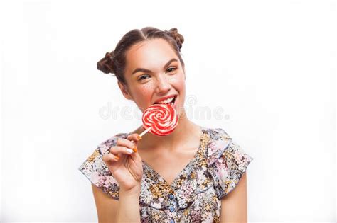 Beauty Girl Portrait Holding Colorful Lollipop Stock Photo Image Of