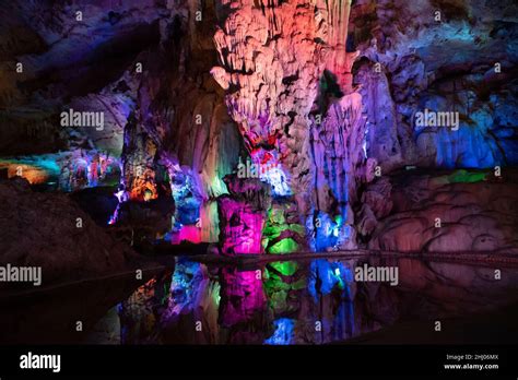 Underground Karst Cave Illuminated By Color Lightlocated In Guangdong