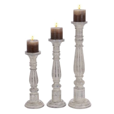 Set Of 3 Traditional Turned Column Wood Candle Holders White Olivia
