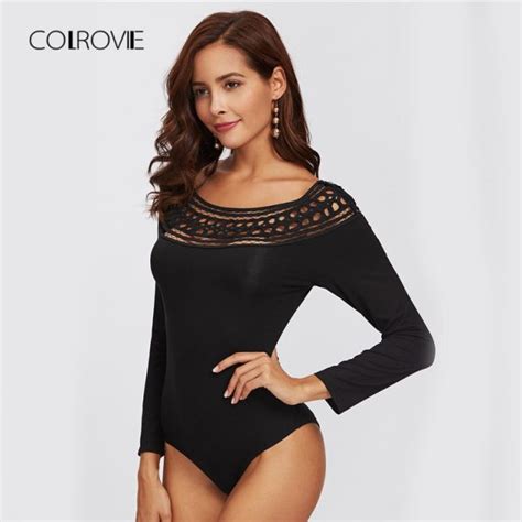 Colrovie Black Hollow Out Shoulder Solid Night Out Sexy Skinny Bodysuit