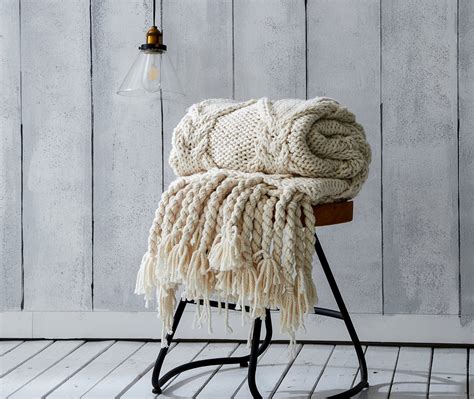 Thick Merino Wool Blanket Chunky Hand Woven Tassel Knitting Sofa Throw